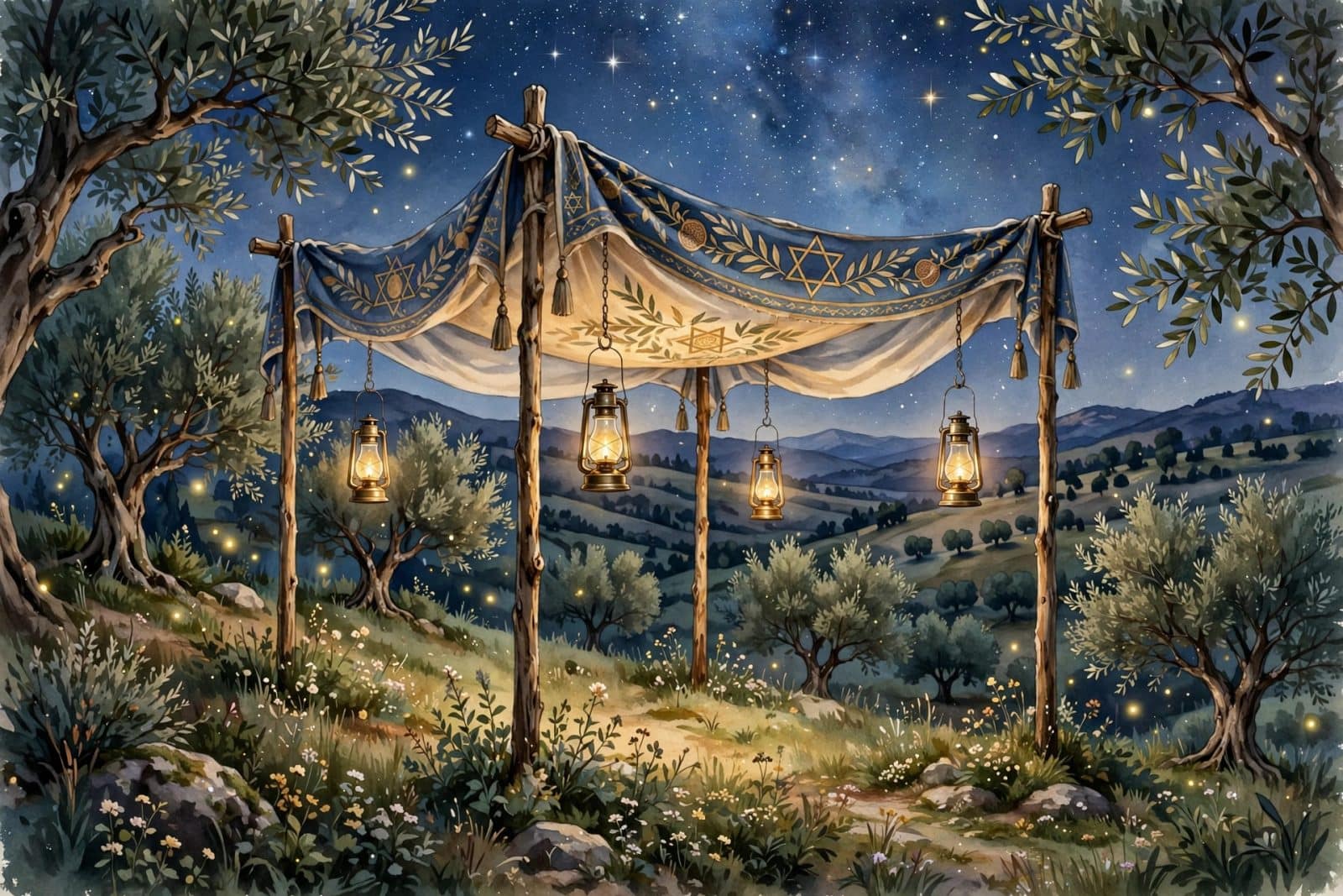 A wedding chuppah under a starry night sky