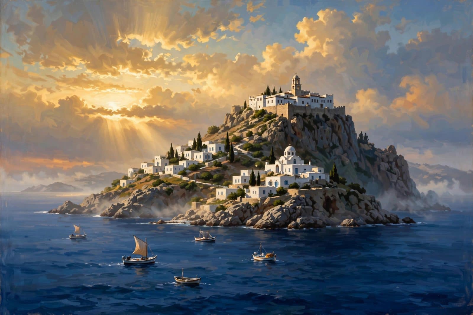 The island of Patmos rising from the Aegean Sea at dawn
