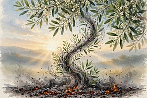 Embers and ashes rising into a blooming olive branch — from the ashes, there can be beauty