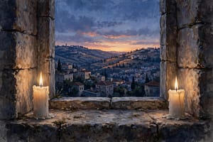 Sabbath candles glowing on a stone windowsill overlooking Jerusalem at sunset