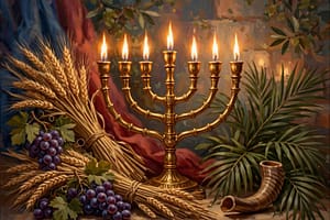 Seven-branch menorah with symbols of the biblical festivals