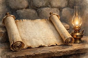 An open Torah scroll beside a glowing oil lamp