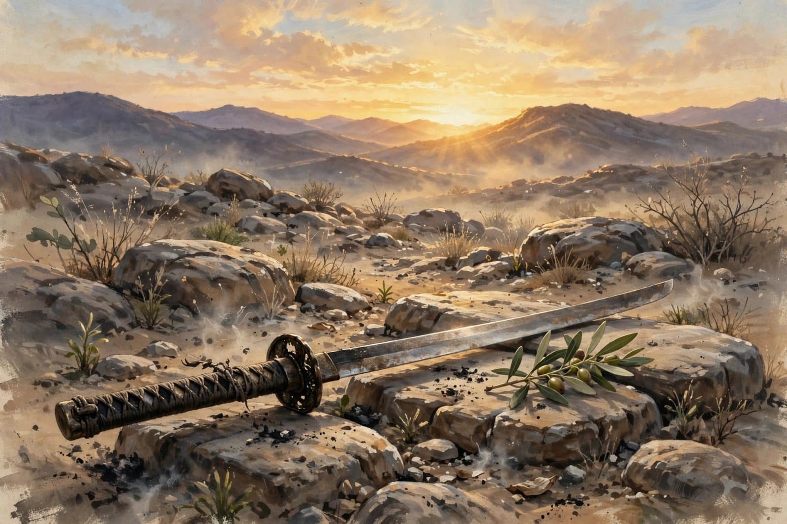 A katana sword laid down on desert stones at sunrise — the old life surrendered